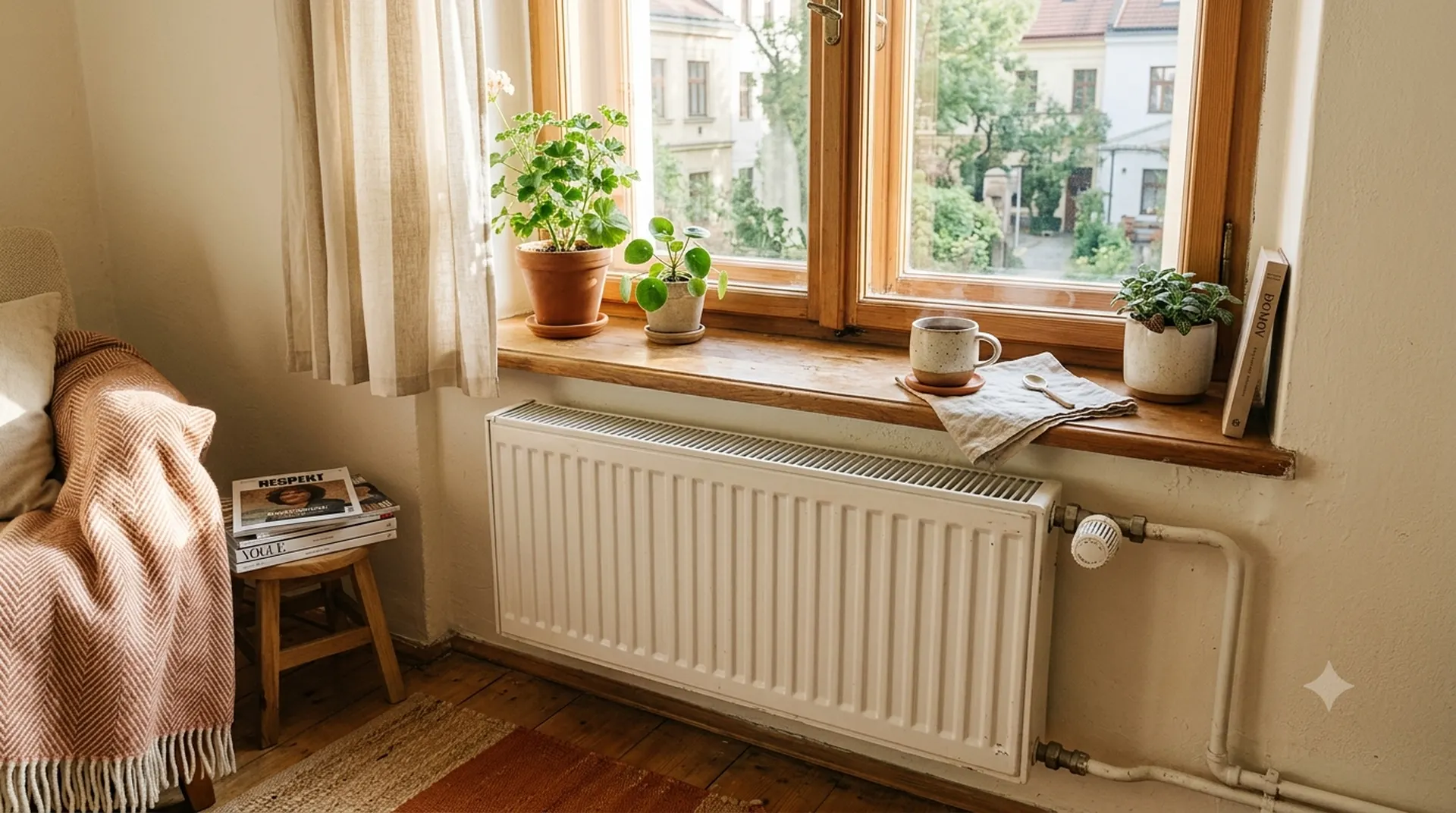 Radiátor s termostatickou hlavicí u okna bytu